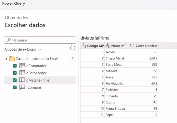 Seleção de abas do Excel ao importar dados no Power BI Online.