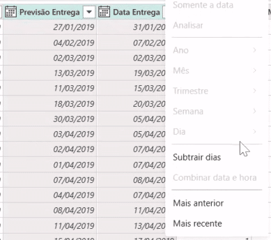Seleção de duas datas com o botão “Subtrair dias” destacado.
