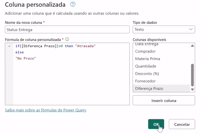 Tela da coluna personalizada com fórmula IF preenchida.