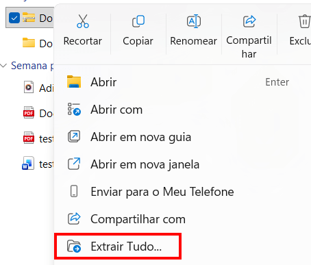 Captura de tela do Windows Explorer mostrando o menu de contexto aberto após selecionar um arquivo compactado. No menu aparecem opções como Abrir, Abrir com, Copiar, Renomear e Compartilhar. A opção 'Extrair Tudo...' está destacada na parte inferior do menu
