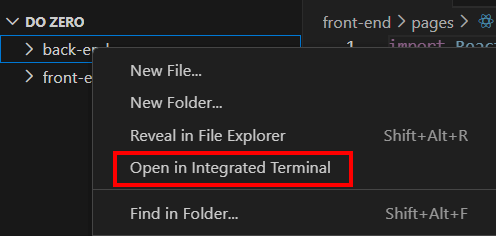 Captura de tela do Visual Studio Code mostrando o menu de contexto aberto sobre uma pasta chamada 'back-end' dentro do projeto 'DO ZERO'. No menu aparecem opções como New File, New Folder e Reveal in File Explorer. A opção 'Open in Integrated Terminal' está destacada em vermelho