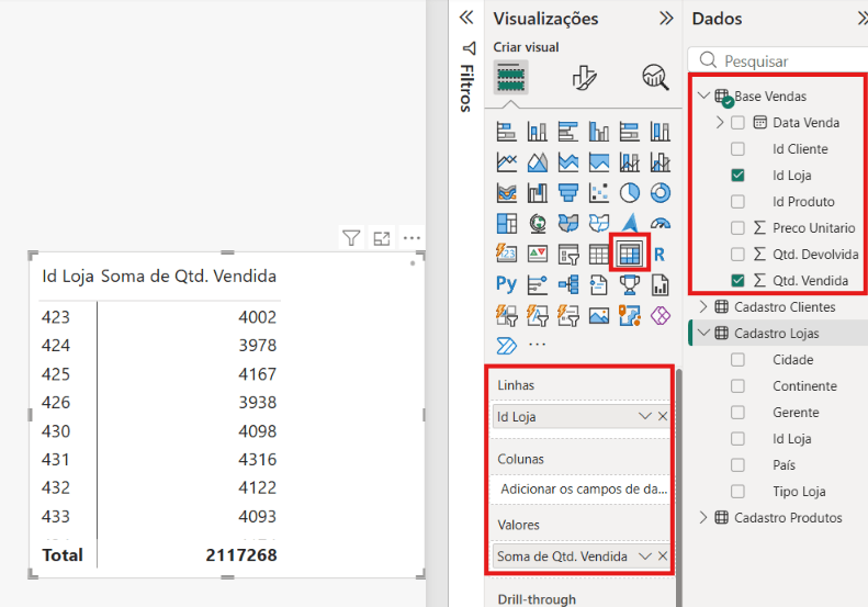 Adicionando matriz no Power BI