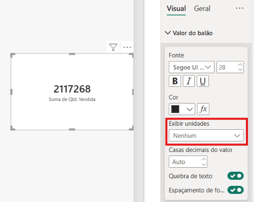 cartão do power bi com a opção Nenhum em Exibir Unidades