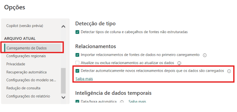 Opção de detectar automaticamente novos relacionamentos desmarcada no Power BI
