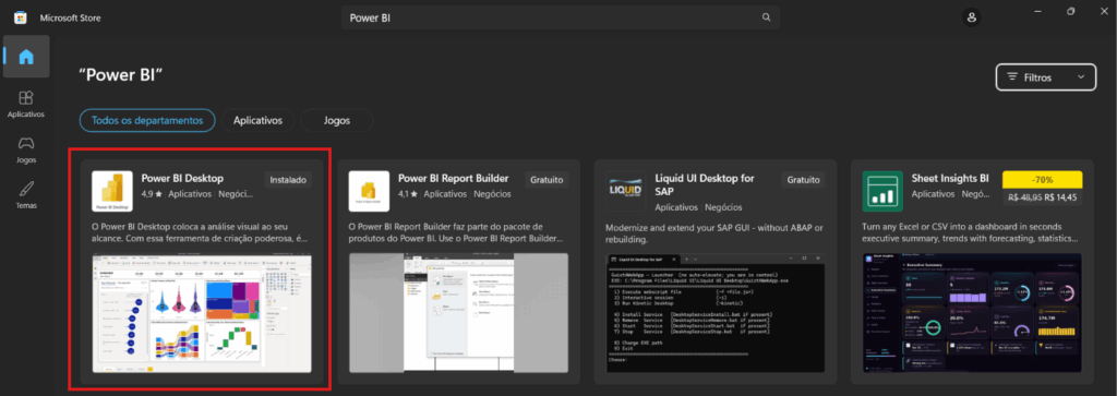 Instalação do Power BI Desktop pela Microsoft Store