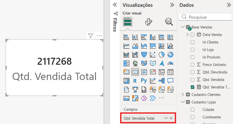 Cartão com o total de vendas no Power BI