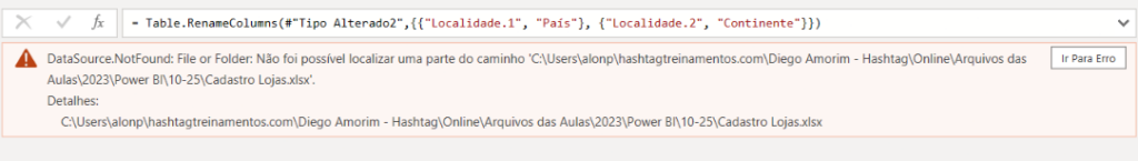 Erro de fonte de dados ao abrir o arquivo do Power BI