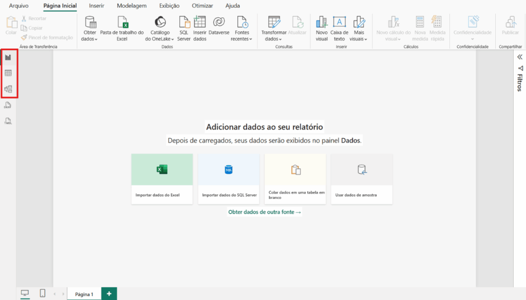 As guias Relatório, Tabela e Modelo do Power BI Desktop
