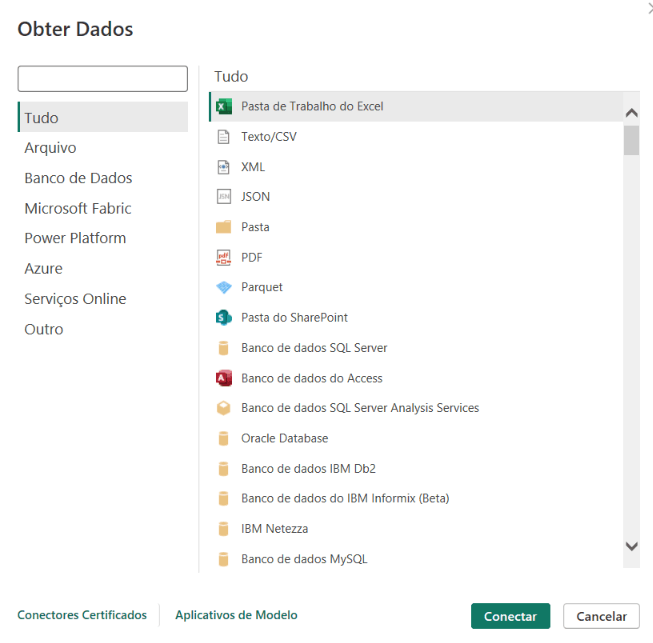 Janela Obter Dados do Power BI com os conectores disponíveis