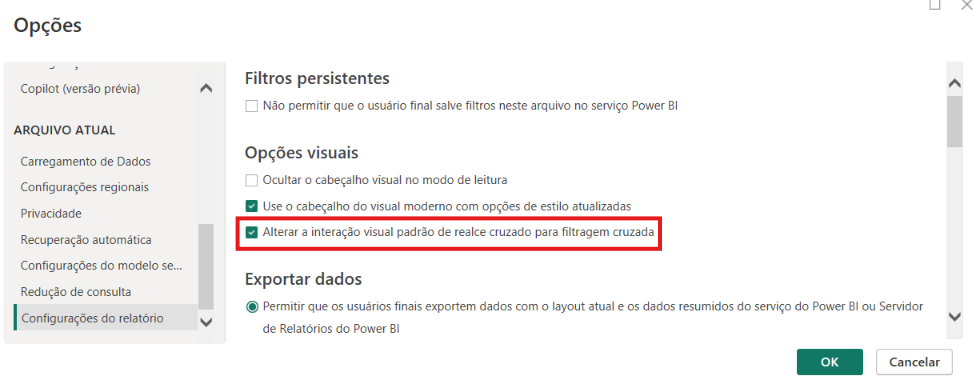 Opção de filtragem cruzada nas configurações do relatório do Power BI