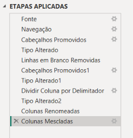 Painel de Etapas Aplicadas do Power Query com o tratamento registrado