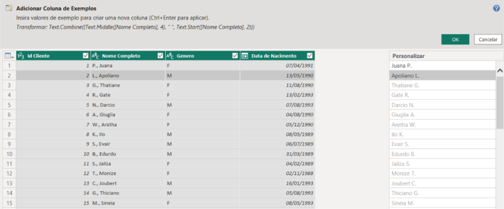 Coluna de Exemplos corrigindo o nome invertido do cliente no Power Query