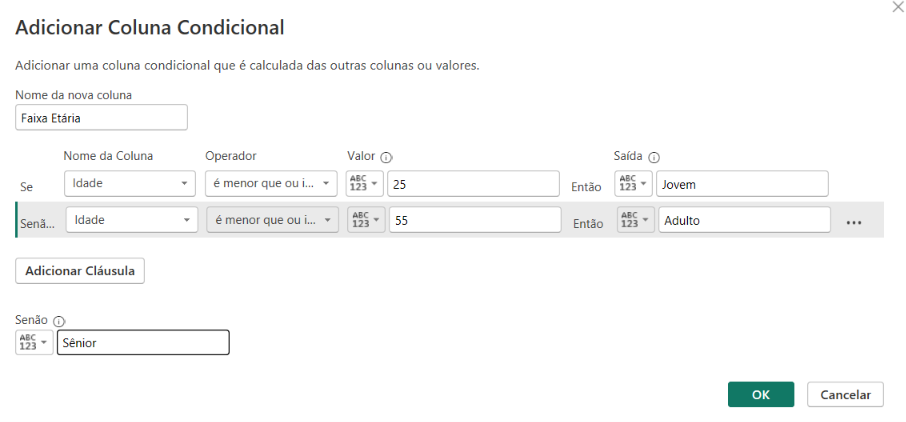 Coluna condicional criando a faixa etária dos clientes no Power Query