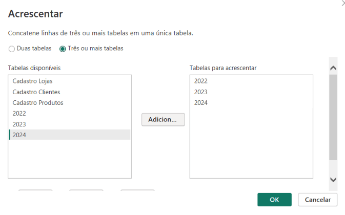 Acrescentar consultas como novas empilhando as bases de vendas de três anos