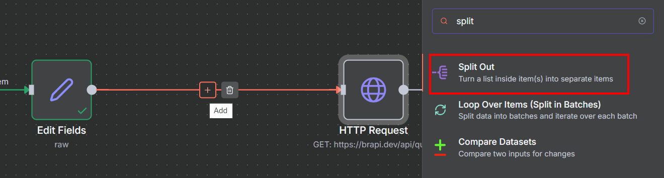 Tela do n8n com destaque para o nó Split Out na lateral direita