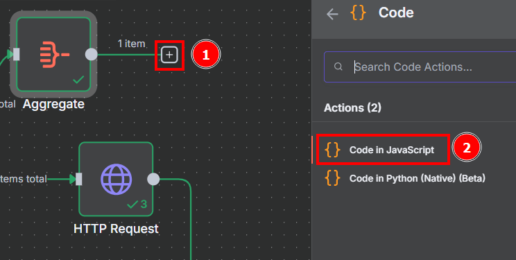 Tela do n8n com destaque para o nó Code in JavaScript na lateral direita