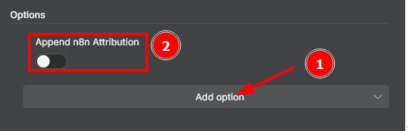 Tela dos parâmetros de configuração do nó Send a message com a opção Append n8n Attribution desmarcada e em destaque