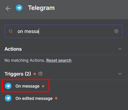 Tela do n8n com destaque para o nó On message do Telegram