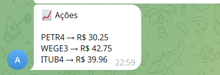 Tela do Telegram com a resposta da API formatada com as informações de valor e nome da ação bem como o título Ações logo acima
