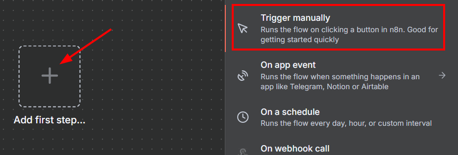 Tela do n8n com a opção Trigger manually em destaque na lateral direita