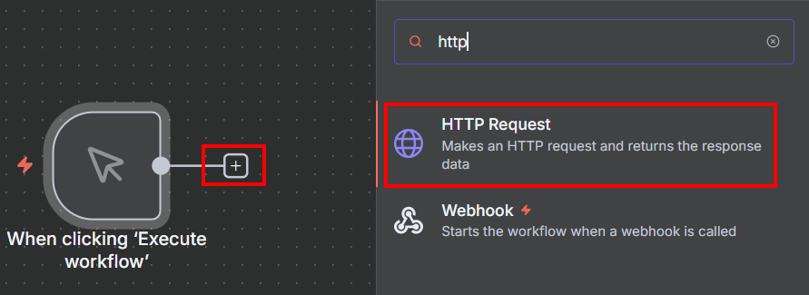 Tela do n8n com a opção HTTP Request em destaque na lateral direita