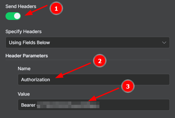 Tela dos parâmetros do nó HTTP Request com destaque para a opção Send headers e os campos Name e Value preenchidos