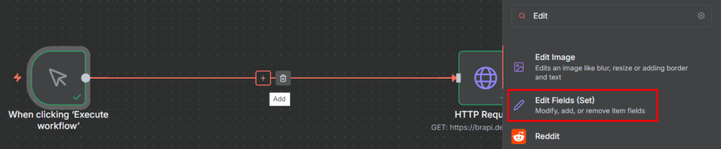 Tela do n8n com destaque para o nó Edit Field na lateral direita
