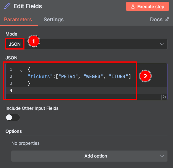 Tela dos parâmetros do nó Edit Field com os campos Mode e Json preenchidos e em destaque