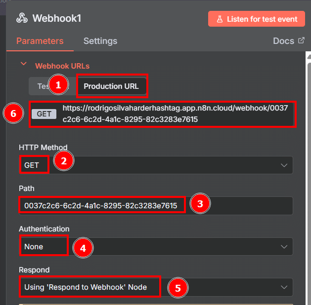 Tela dos parâmetros do nó Webhook com as configurações para o primeiro passo