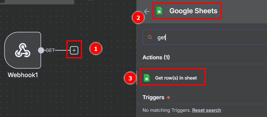Tela do n8n com a sequência de passos para inserir o nó Get row(s) in sheet