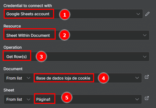 Tela de configurações dos parâmetros do nó Get row(s) in sheet com as configurações preenchidas