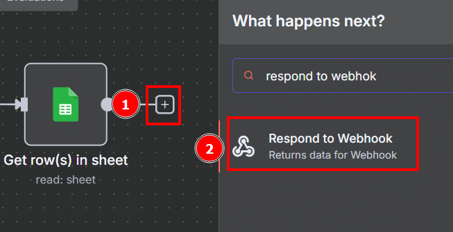 Tela do n8n com a sequência de passos para inserir o nó Respond to webhook