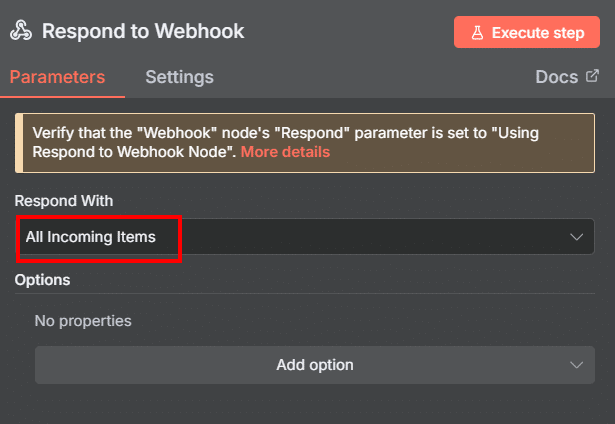 Tela de configurações dos parâmetros do nó Respond to webhook como campo Respond with preenchido com a opção All incoming items