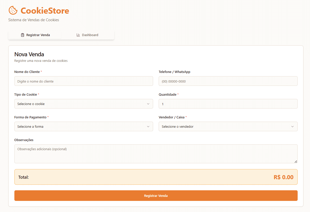 Tela de registro de venda da loja de cookie com um formulário com o nome do cliente, telefone, tipo de cookie, quantidade, forma de pagamento, vendedor, observações, e botão de registrar venda