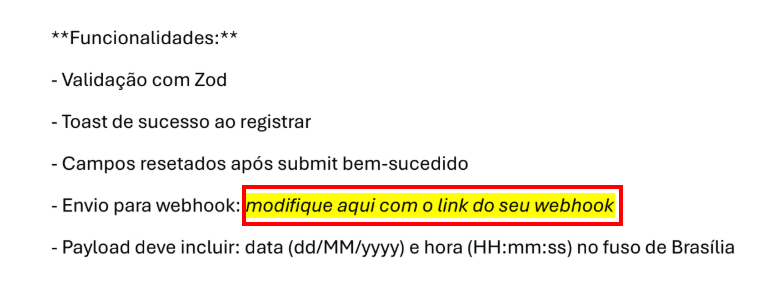 Texto do prompt na seção de funcionalidades com destaque para o trecho onde é necessário inserir o webhook referente ao método POST