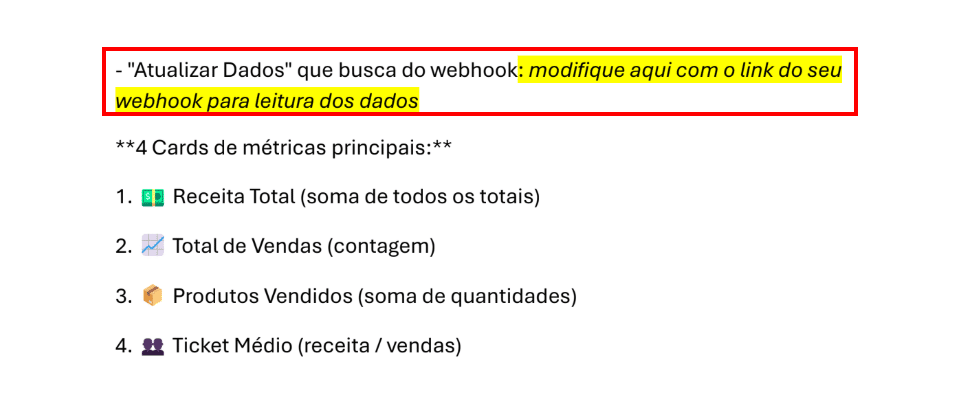Texto do prompt na seção de botão no topo com destaque para o trecho onde é necessário inserir o webhook referente ao método GET