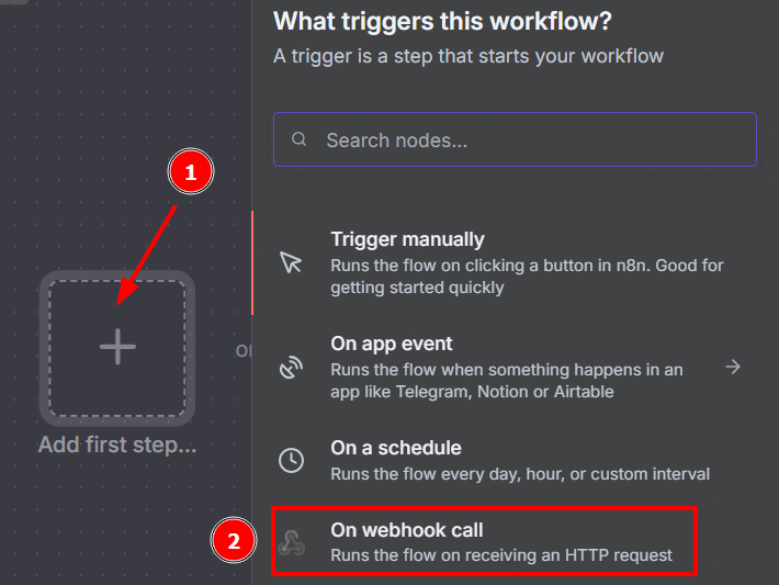 Tela do n8n com a sequência: o botão Add first step e a opção On webhook call em destaque