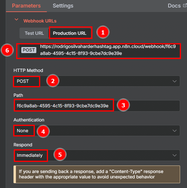 ela dos parâmetros do nó Webhook com as configurações para o primeiro passo