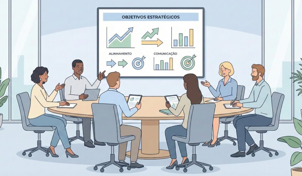 Equipe reunida alinhando objetivos e discutindo metas estratégicas.