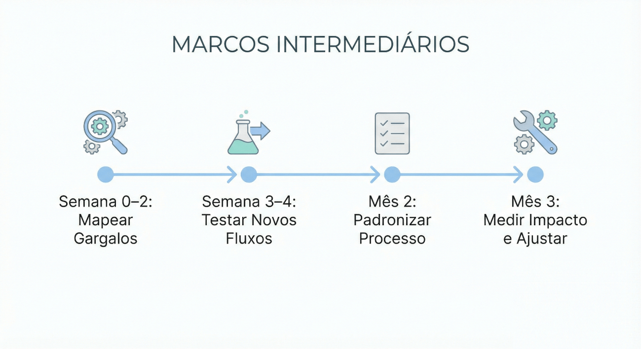 Roadmap com marcos intermediários mostrando etapas para atingir uma meta estratégica.