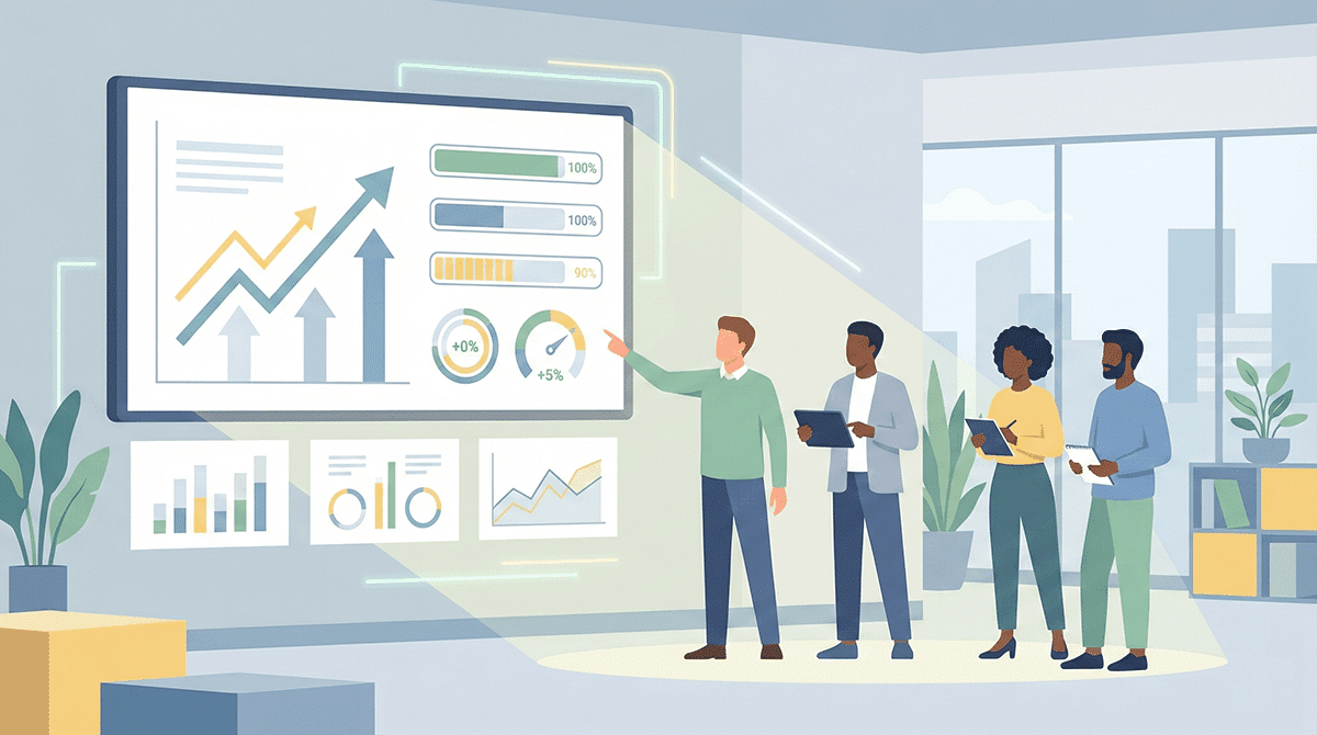 Ilustração de equipe analisando indicadores de desempenho, representando clareza e produtividade trazidas pelo método SMART.