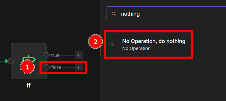 Editor de fluxo em tema escuro mostrando um nó “If” com dois caminhos: “true” e “false”. O caminho “false” está destacado, e à direita aparece a opção “No Operation, do nothing”
