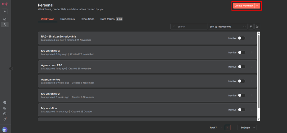 Tela principal do n8n após o Login. Na lateral esquerda temos um menu lateral com alguns ícones, ao centro temos todos os projetos criados e no canto superior direito da tela, temos o botão Create workflow em destaque