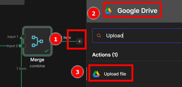 Editor de fluxo mostrando o nó “Merge” com um item de saída e o botão de adicionar etapa destacado. À direita, o painel de ações exibe o conector “Google Drive”, com a busca por “Upload” e a ação “Upload file” selecionada