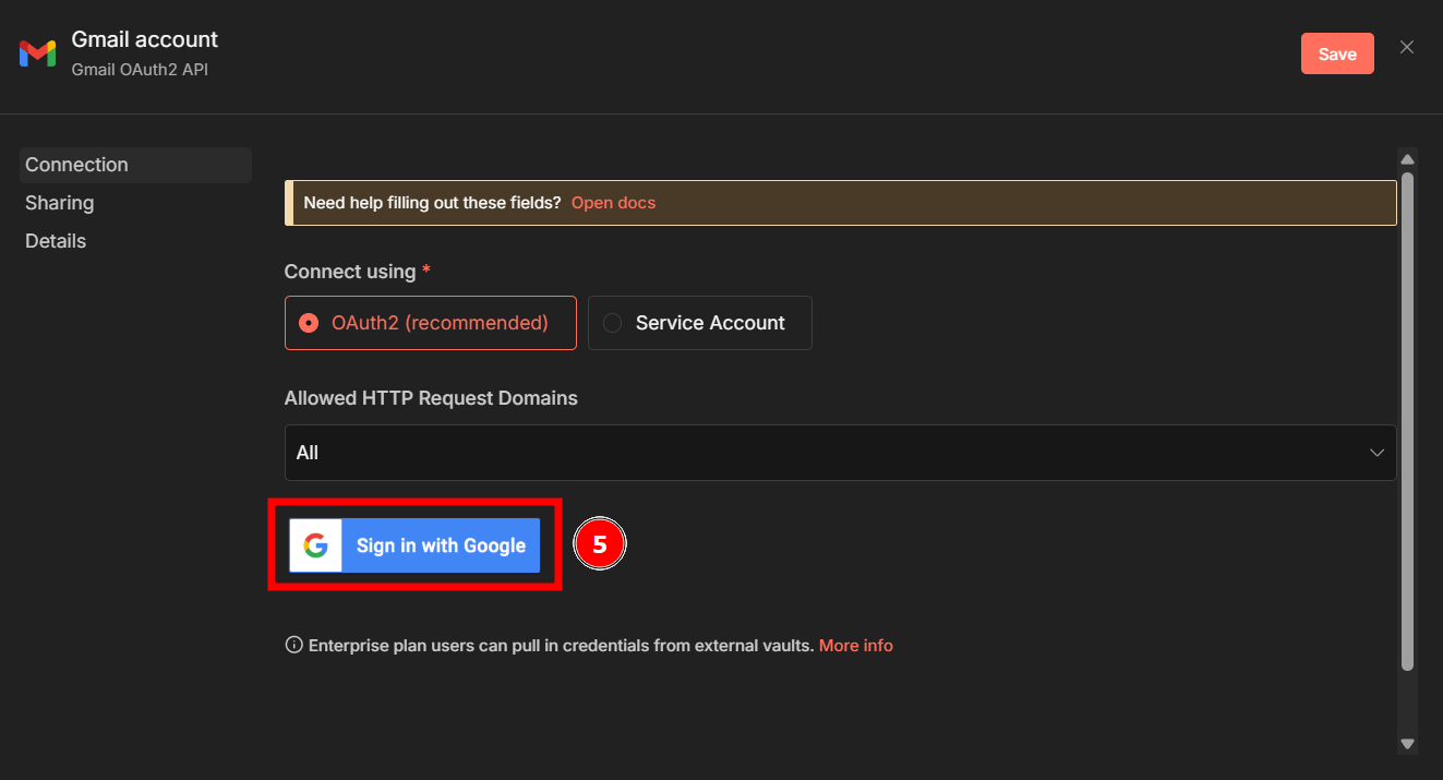 Captura de tela da interface de configuração de uma conta Gmail via API OAuth2. No centro, o botão azul 'Sign in with Google' está destacado por um retângulo vermelho e acompanhado pelo número 5 em um círculo vermelho, indicando a próxima etapa da configuração