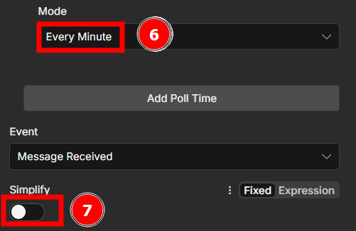 Interface de configuração de gatilho (trigger). O campo 'Mode' está definido como 'Every Minute' e destacado com um retângulo vermelho acompanhado do número 6. Abaixo, a opção 'Simplify' está com a chave seletora desligada, também destacada em vermelho e acompanhada pelo número 7