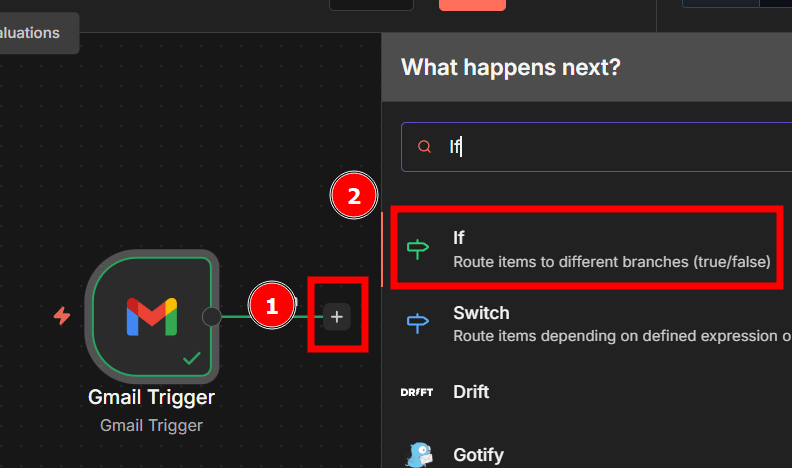 Interface de automação em tema escuro mostrando um fluxo com um “Gmail Trigger” à esquerda. Um botão de adicionar em destaque destacado, e à direita aparece o painel “What happens next?” com a opção “If” selecionada