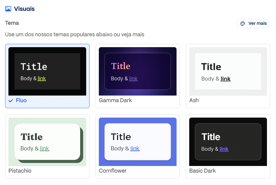 Seção 'Visuais' mostrando opções de temas para cartões. Seis temas aparecem em grade: Fluo (selecionado), Gamma Dark, Ash, Pistachio, Cornflower e Basic Dark, cada um exibindo um cartão de pré-visualização com título, texto e link em diferentes estilos e cores