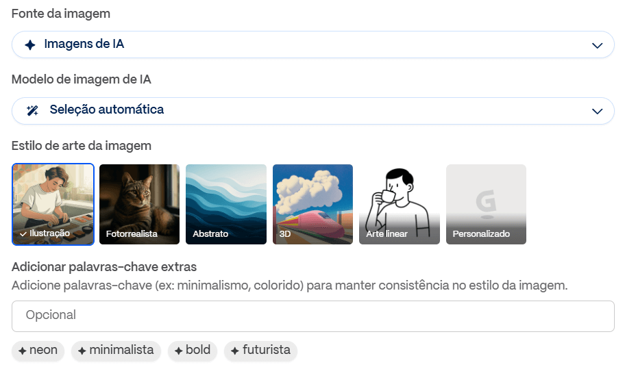 Interface de seleção de estilo para imagens de IA, mostrando opções de fonte da imagem, modelo automático e estilos de arte como Ilustração (selecionado), Fotorrealista, Abstrato, 3D, Arte linear e Personalizado. Abaixo, há um campo para adicionar palavras-chave extras e tags já adicionadas: neon, minimalista, bold e futurista