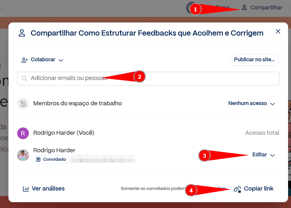 Janela de compartilhamento do Gamma exibindo o título da apresentação 'Como Estruturar Feedbacks que Acolhem e Corrigem'. A tela mostra o campo para adicionar e-mails ou pessoas, opções de permissões como 'Editar', a lista de membros com seus níveis de acesso e, ao final, o botão 'Copiar link'
